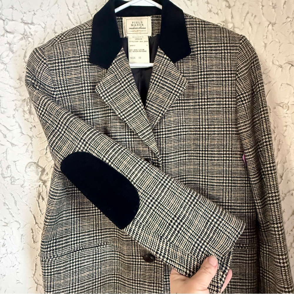 Field Manor Wool Blazer Size 10 I Houndstooth Wool Jacket I Classic Tailored - Picture 9 of 15